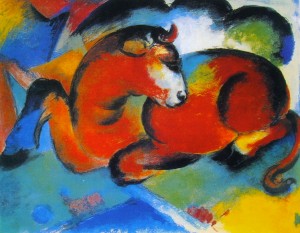 Franz Marc: Toro rosso, anno 1912, tecnica a tempera, 33,7 x 42,7 cm., Museo Puškin, Mosca (dipinto non esposto).